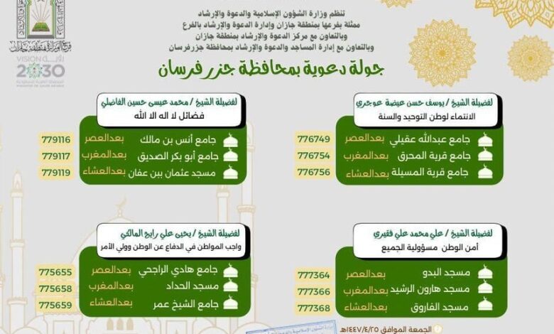 الشؤون الإسلامية بجازان تنظم جولة دعوية بمحافظة جزر فرسان